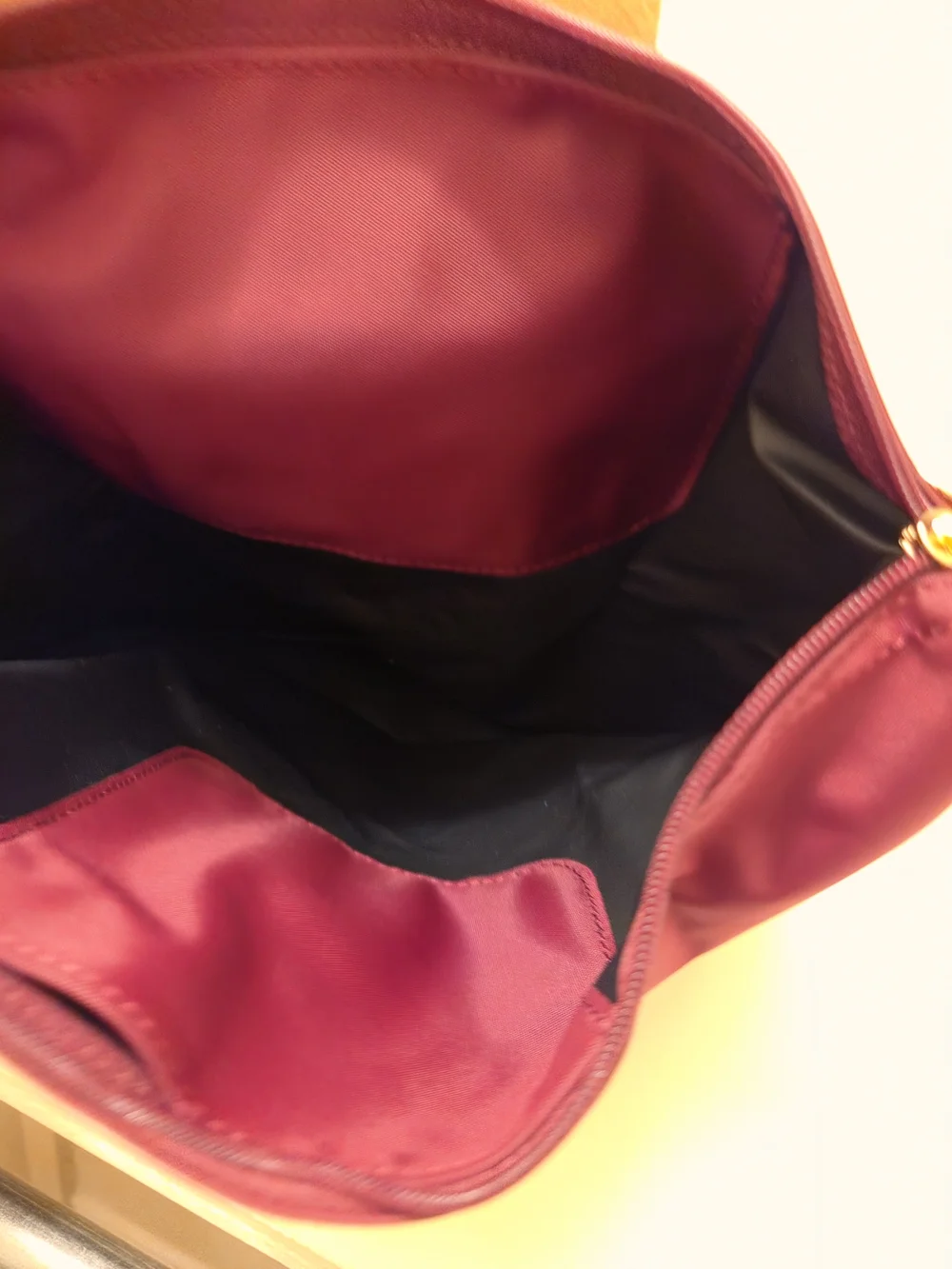 Longchamp Burgundy Nylon Backpack with Brown Leather Flap
